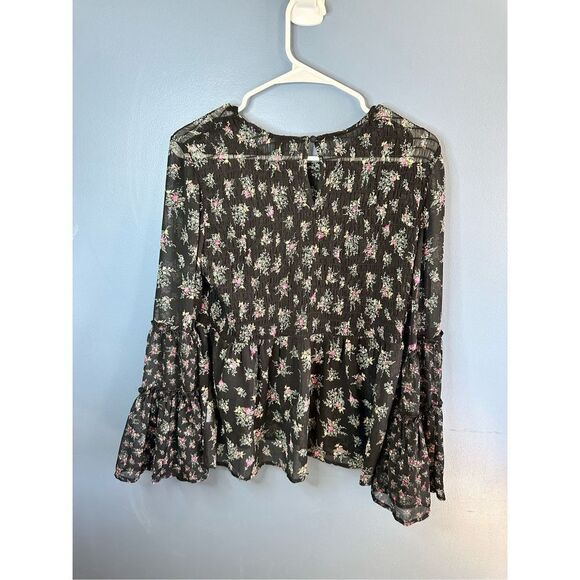 American Eagle Floral Bell Sleeve Boho Blouse Black Size Small - Picture 6 of 7